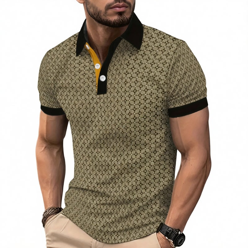 Men's Casual Short Sleeve Polo Shirt with 3D Print Lapel