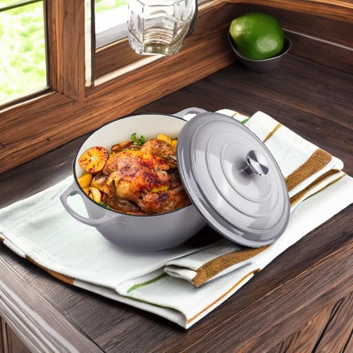 Alathote 6 Quart Dutch Oven Enameled Cast Iron with Lid - Big Dual Handles - Oven Safe up to 500°F - Classic Round Pot for Versatile Cooking (Light Gray, 6 QT) - Image 5