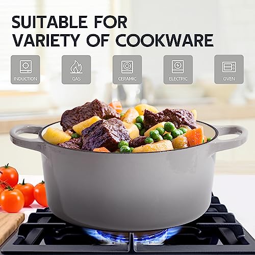Alathote 6 Quart Dutch Oven Enameled Cast Iron with Lid - Big Dual Handles - Oven Safe up to 500°F - Classic Round Pot for Versatile Cooking (Light Gray, 6 QT) - Image 3