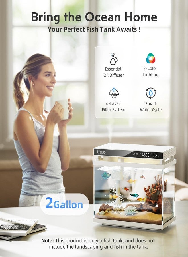 URUQ Fish Tank Smart Aquarium Kit: 2 Gal UHD Glass Silent Water Pump Self Cleaning System Temperature Monitoring Essential Oil Diffuser with Humidifier 7 Color Lights Multi-Layer Filtration System - White - Image 2