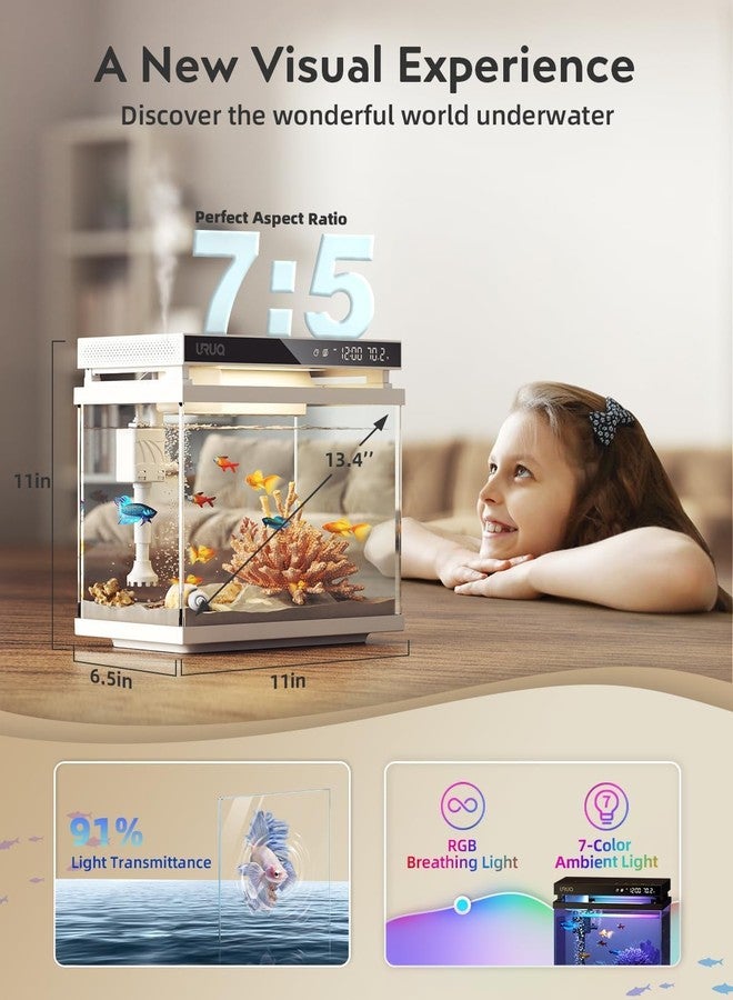 URUQ Fish Tank Smart Aquarium Kit: 2 Gal UHD Glass Silent Water Pump Self Cleaning System Temperature Monitoring Essential Oil Diffuser with Humidifier 7 Color Lights Multi-Layer Filtration System - White - Image 4