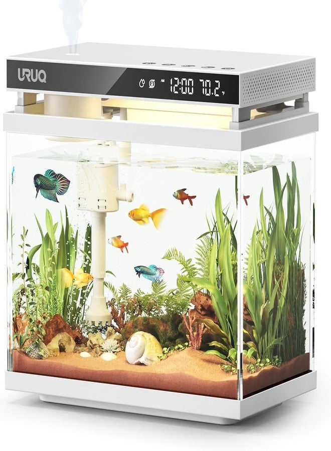 URUQ Fish Tank Smart Aquarium Kit: 2 Gal UHD Glass Silent Water Pump Self Cleaning System Temperature Monitoring Essential Oil Diffuser with Humidifier 7 Color Lights Multi-Layer Filtration System - White - Image 1