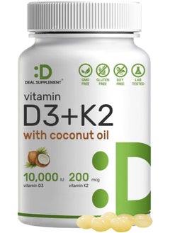 DEAL SUPPLEMENT Vitamin D3 10,000 Iu + K2 Mk7 200 Mcg, Infused With Virgin Coconut Oil, 250 Softgels, Double Strength Vitamin D & K, Promotes Heart, Bone & Teeth Health - Very Easy To Swallow  - Image 1