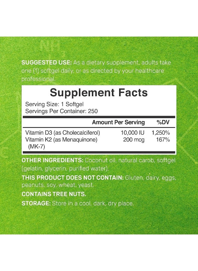 DEAL SUPPLEMENT Vitamin D3 10,000 Iu + K2 Mk7 200 Mcg, Infused With Virgin Coconut Oil, 250 Softgels, Double Strength Vitamin D & K, Promotes Heart, Bone & Teeth Health - Very Easy To Swallow  - Image 2