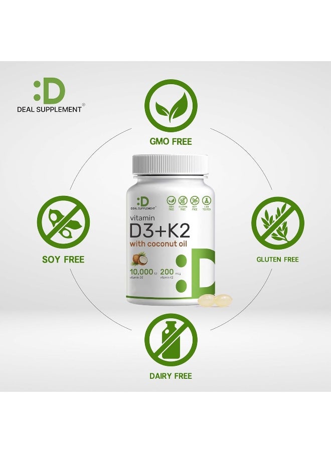 DEAL SUPPLEMENT Vitamin D3 10,000 Iu + K2 Mk7 200 Mcg, Infused With Virgin Coconut Oil, 250 Softgels, Double Strength Vitamin D & K, Promotes Heart, Bone & Teeth Health - Very Easy To Swallow  - Image 3