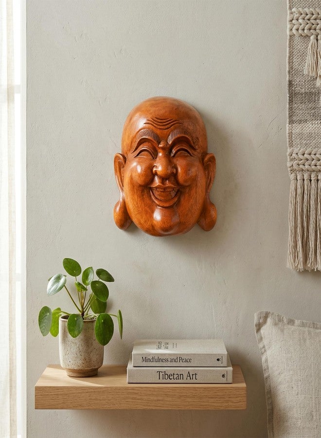 G6 Collection Wooden Wall Mask Laughing Smiling Happy Buddha Head Statue Hand Carved Stand Alone Sculpture Handmade Figurine Home Decor Handcrafted Art Wall Hanging Happy Buddha Mask - Image 2
