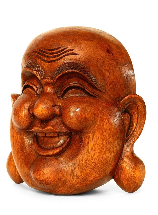 G6 Collection Wooden Wall Mask Laughing Smiling Happy Buddha Head Statue Hand Carved Stand Alone Sculpture Handmade Figurine Home Decor Handcrafted Art Wall Hanging Happy Buddha Mask - Image 3
