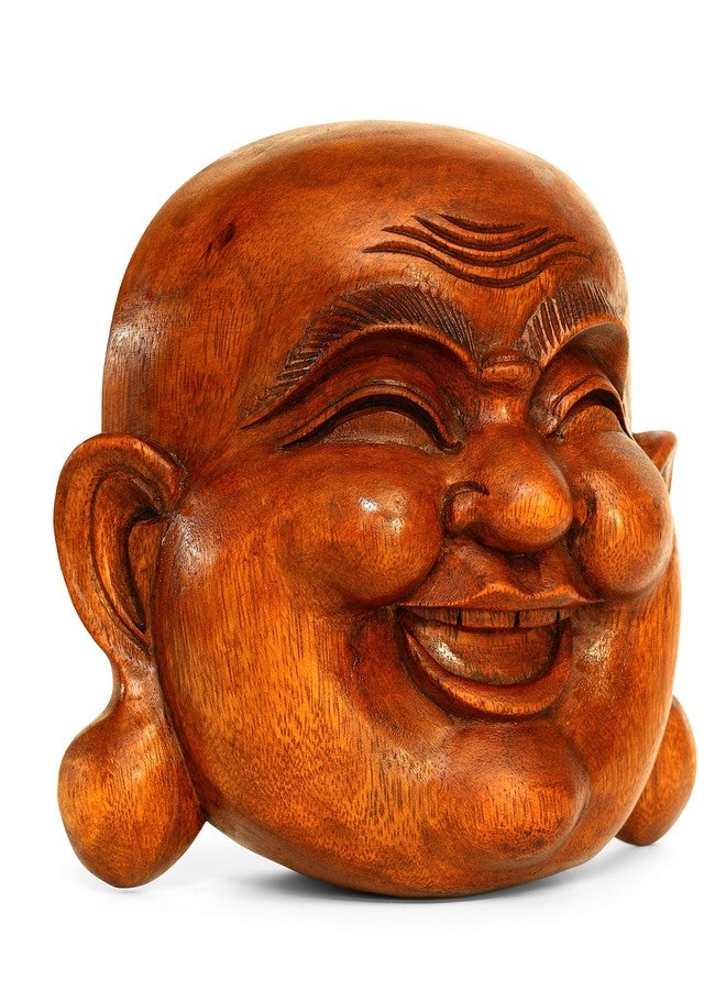 G6 Collection Wooden Wall Mask Laughing Smiling Happy Buddha Head Statue Hand Carved Stand Alone Sculpture Handmade Figurine Home Decor Handcrafted Art Wall Hanging Happy Buddha Mask - Image 5