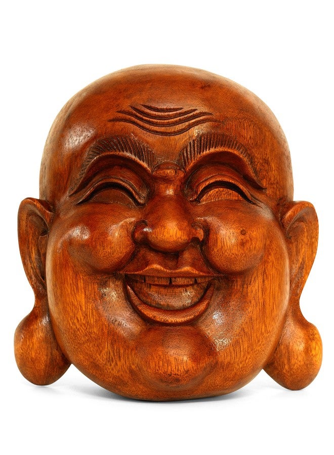 G6 Collection Wooden Wall Mask Laughing Smiling Happy Buddha Head Statue Hand Carved Stand Alone Sculpture Handmade Figurine Home Decor Handcrafted Art Wall Hanging Happy Buddha Mask - Image 1