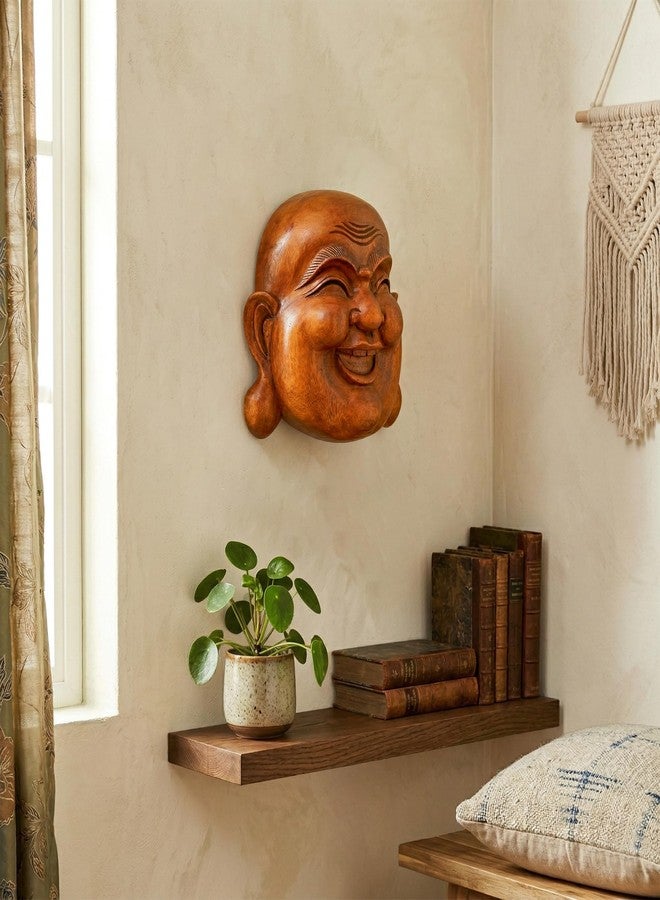 G6 Collection Wooden Wall Mask Laughing Smiling Happy Buddha Head Statue Hand Carved Stand Alone Sculpture Handmade Figurine Home Decor Handcrafted Art Wall Hanging Happy Buddha Mask - Image 4