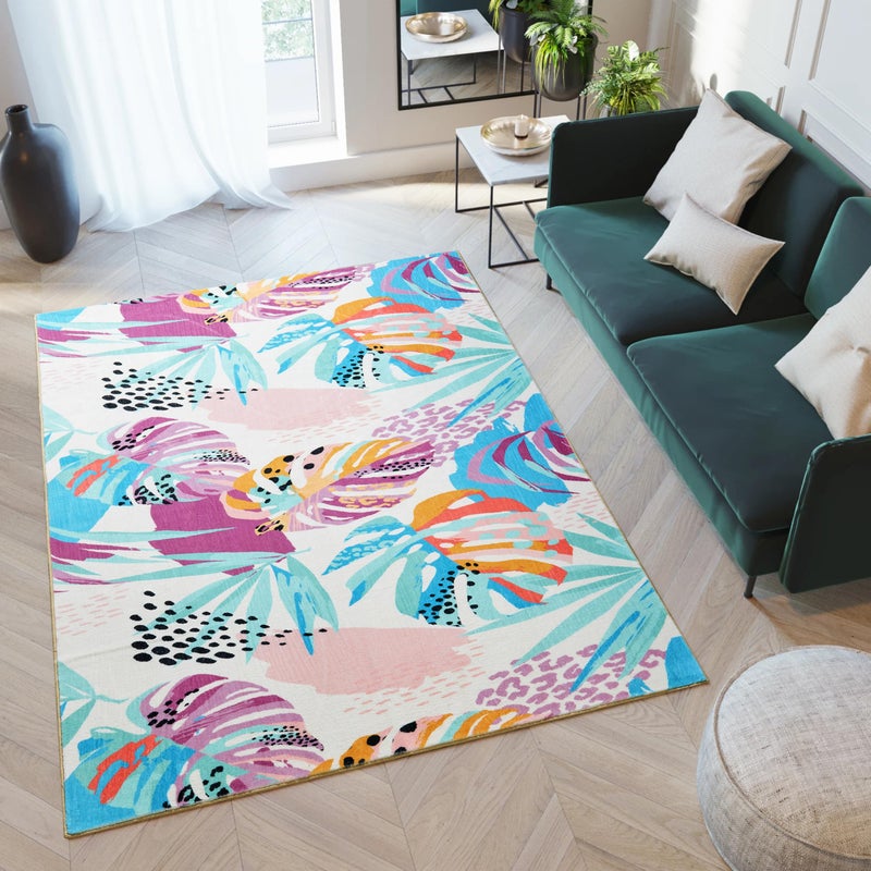 RoomTalks Tropical Leaves Washable Rug, Colorful Pink Blue Boho Cute Floral Aesthetic 4x6 Area Rugs for Bedroom Dorm Living Room Kitchen, Modern Abstract Art Palm Leaf Thin Indoor Entryway Carpet - Image 1