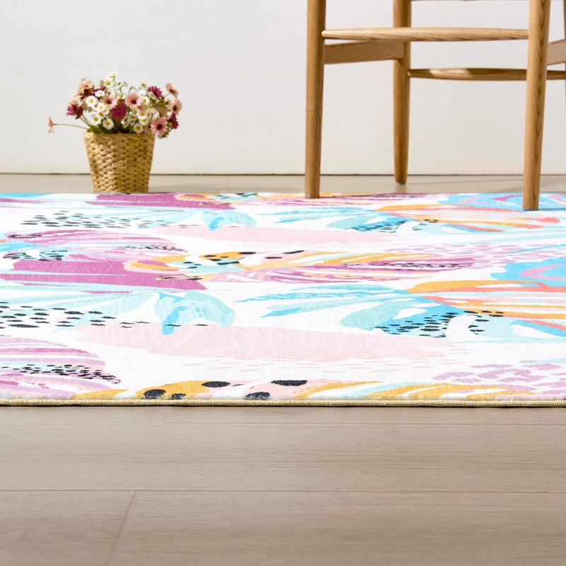 RoomTalks Tropical Leaves Washable Rug, Colorful Pink Blue Boho Cute Floral Aesthetic 4x6 Area Rugs for Bedroom Dorm Living Room Kitchen, Modern Abstract Art Palm Leaf Thin Indoor Entryway Carpet - Image 3