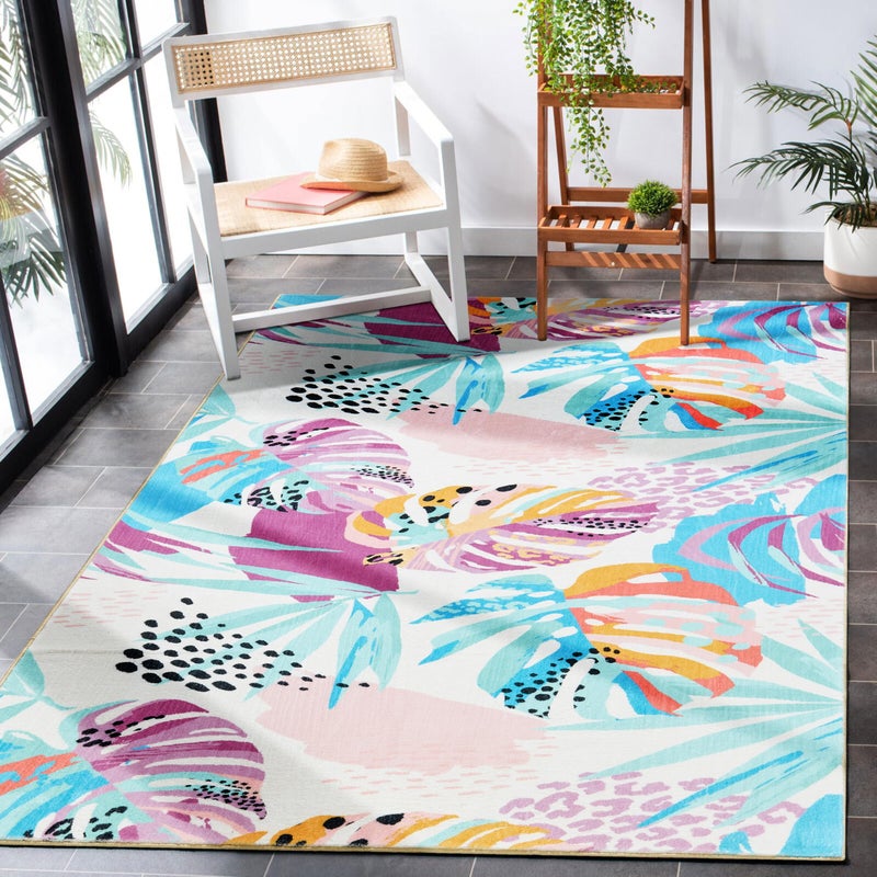 RoomTalks Tropical Leaves Washable Rug, Colorful Pink Blue Boho Cute Floral Aesthetic 4x6 Area Rugs for Bedroom Dorm Living Room Kitchen, Modern Abstract Art Palm Leaf Thin Indoor Entryway Carpet - Image 2