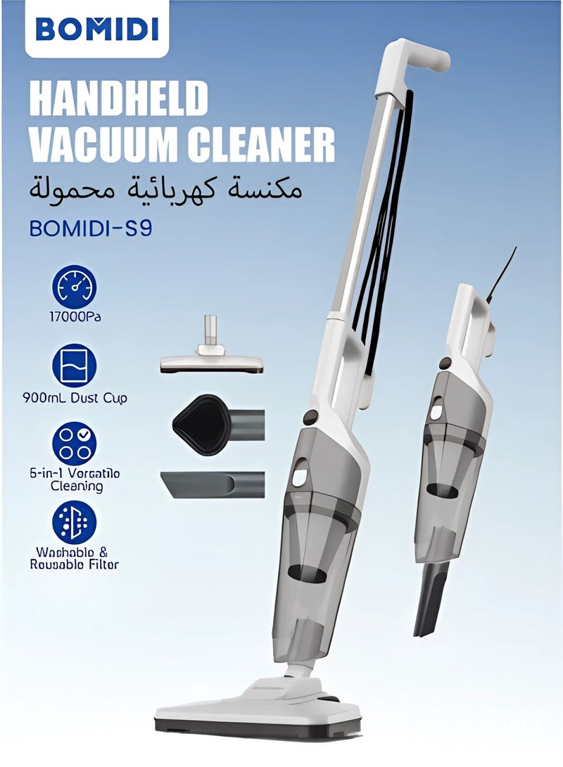 Portable Handheld Vacuum Cleaner with 17000Pa Strong Power 900mL Dust Cup, Quiet Suction- Stick Vacuum Cleaner for Wood, Carpet, Tile Floors S9- White