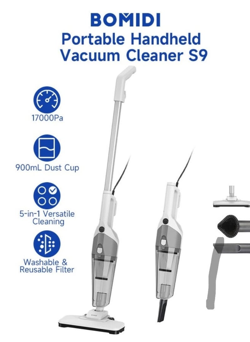 Portable Handheld Vacuum Cleaner with 17000Pa Strong Power 900mL Dust Cup, Quiet Suction- Stick Vacuum Cleaner for Wood, Carpet, Tile Floors S9- White