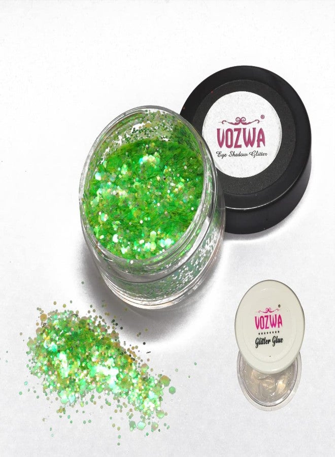 Vozwa Green Eyeshadow Thik & Thin Chunky Glitter Beautiful & Sparkle ✮ with Glitter Glue - Image 2