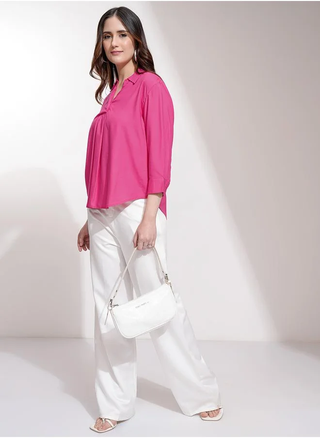 طوكيو توكيز Tokyo Talkies Solid Curved Hem Collared Blouse