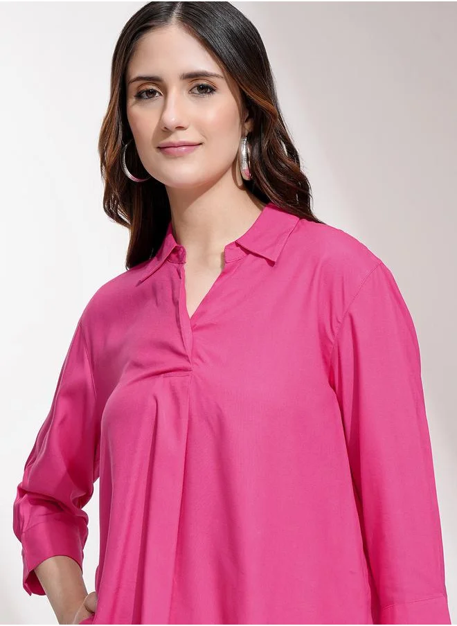 طوكيو توكيز Tokyo Talkies Solid Curved Hem Collared Blouse