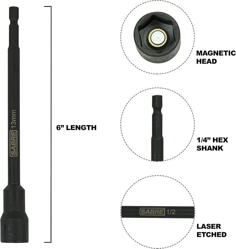 Sabre Tools 13mm Impact Magnetic Nut Driver – 6 Inch Length, 1/4 Inch Hex Shank, Magnetic Socket Tip (13mm Metric) - Image 2