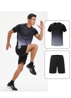 GRKC Men's 2-Piece Sportswear Set, Summer Quick-Drying Running Gear, Short-Sleeve T-Shirt and Shorts, Fitness Training Outfit, Lightweight Athletic Clothing for Gym, Jogging, Cycling, and Outdoor Activities, Color: Gradient Grey  - Image 1
