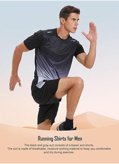 GRKC Men's 2-Piece Sportswear Set, Summer Quick-Drying Running Gear, Short-Sleeve T-Shirt and Shorts, Fitness Training Outfit, Lightweight Athletic Clothing for Gym, Jogging, Cycling, and Outdoor Activities, Color: Gradient Grey  - Image 2