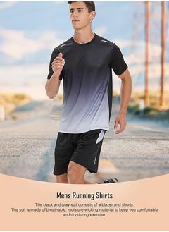 GRKC Men's 2-Piece Sportswear Set, Summer Quick-Drying Running Gear, Short-Sleeve T-Shirt and Shorts, Fitness Training Outfit, Lightweight Athletic Clothing for Gym, Jogging, Cycling, and Outdoor Activities, Color: Gradient Grey  - Image 3