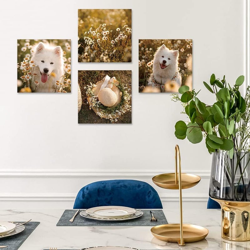 Artscope 4 Pieces Wall Art Canvas Prints - Dog and Flowers Picture Painting - Modern Wall Artwork Framed for Gifts Bathroom Home Kitchen Office Decor - 30 x 30 CM - Image 3