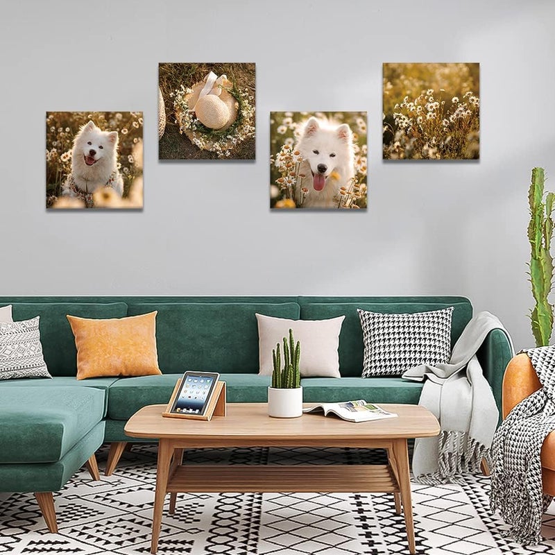 Artscope 4 Pieces Wall Art Canvas Prints - Dog and Flowers Picture Painting - Modern Wall Artwork Framed for Gifts Bathroom Home Kitchen Office Decor - 30 x 30 CM - Image 2