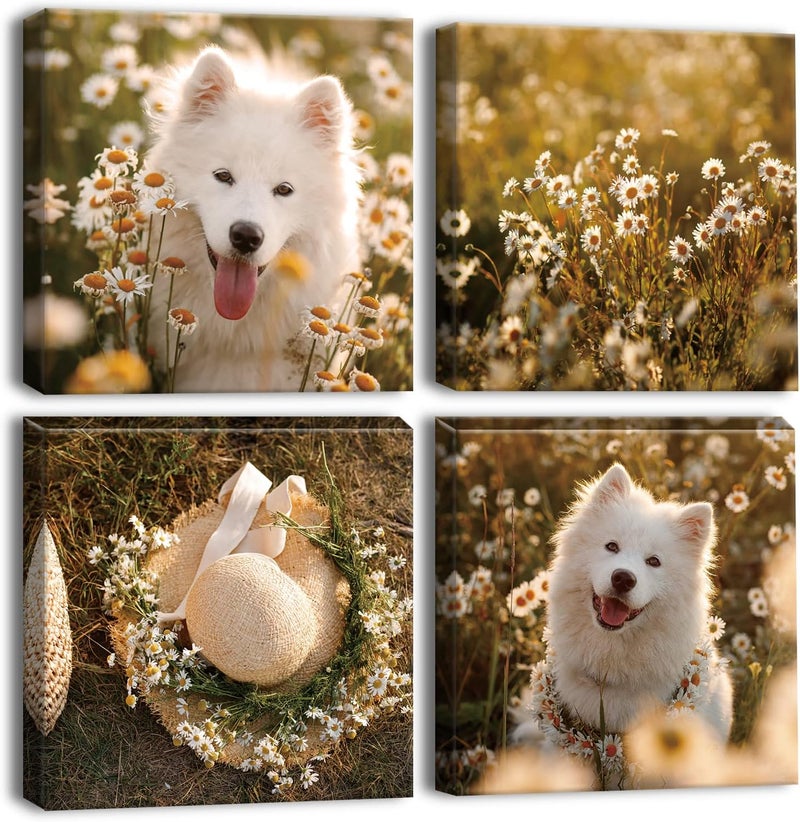 Artscope 4 Pieces Wall Art Canvas Prints - Dog and Flowers Picture Painting - Modern Wall Artwork Framed for Gifts Bathroom Home Kitchen Office Decor - 30 x 30 CM - Image 1