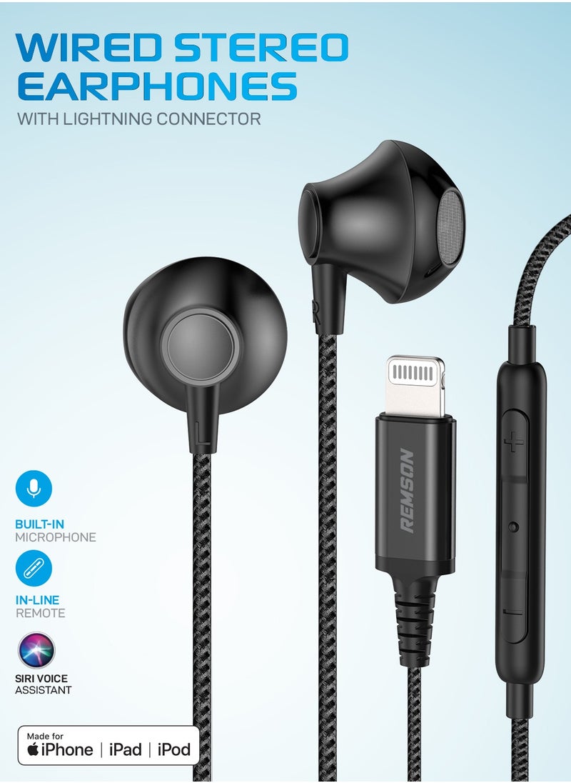 Remson - [Apple MFi Certified] Remson Wired Stereo Earphones MFi Lightning Connector Headphones/Earphones/Earbuds Hi-Fi with In-Line Remote Compatible for iPhone 14 13 12 11 Pro Max iPhone XS Max - Black - Image 1