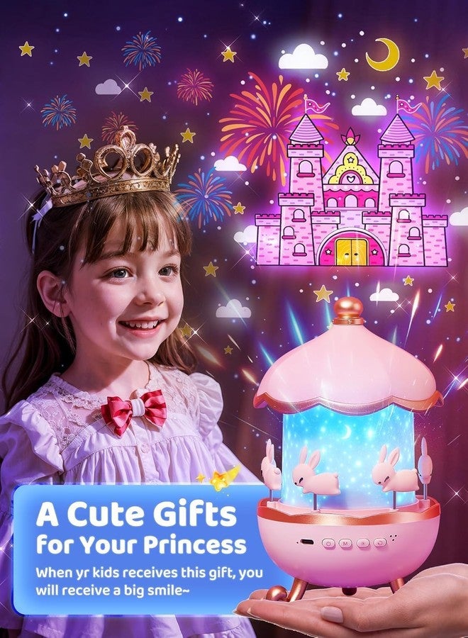 Yetli Rotating Bunny Night Light for Kids – Musical Carousel Lamp with LED Star Projection, USB Rechargeable Bedside Lamp for Baby Nursery, Bedroom & Gift Decor (Pink) - Image 4
