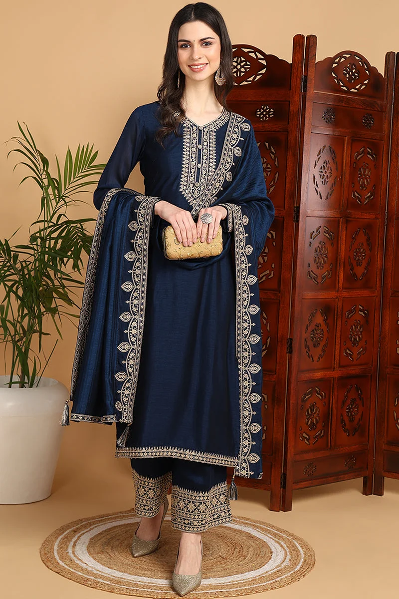 زيري سوق Navy Blue Silk Blend Solid Embroidered Straight Kurta Set