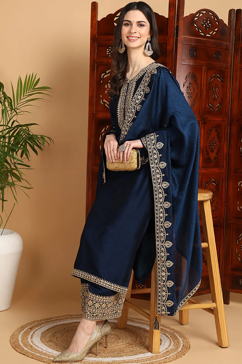 زيري سوق Navy Blue Silk Blend Solid Embroidered Straight Kurta Set