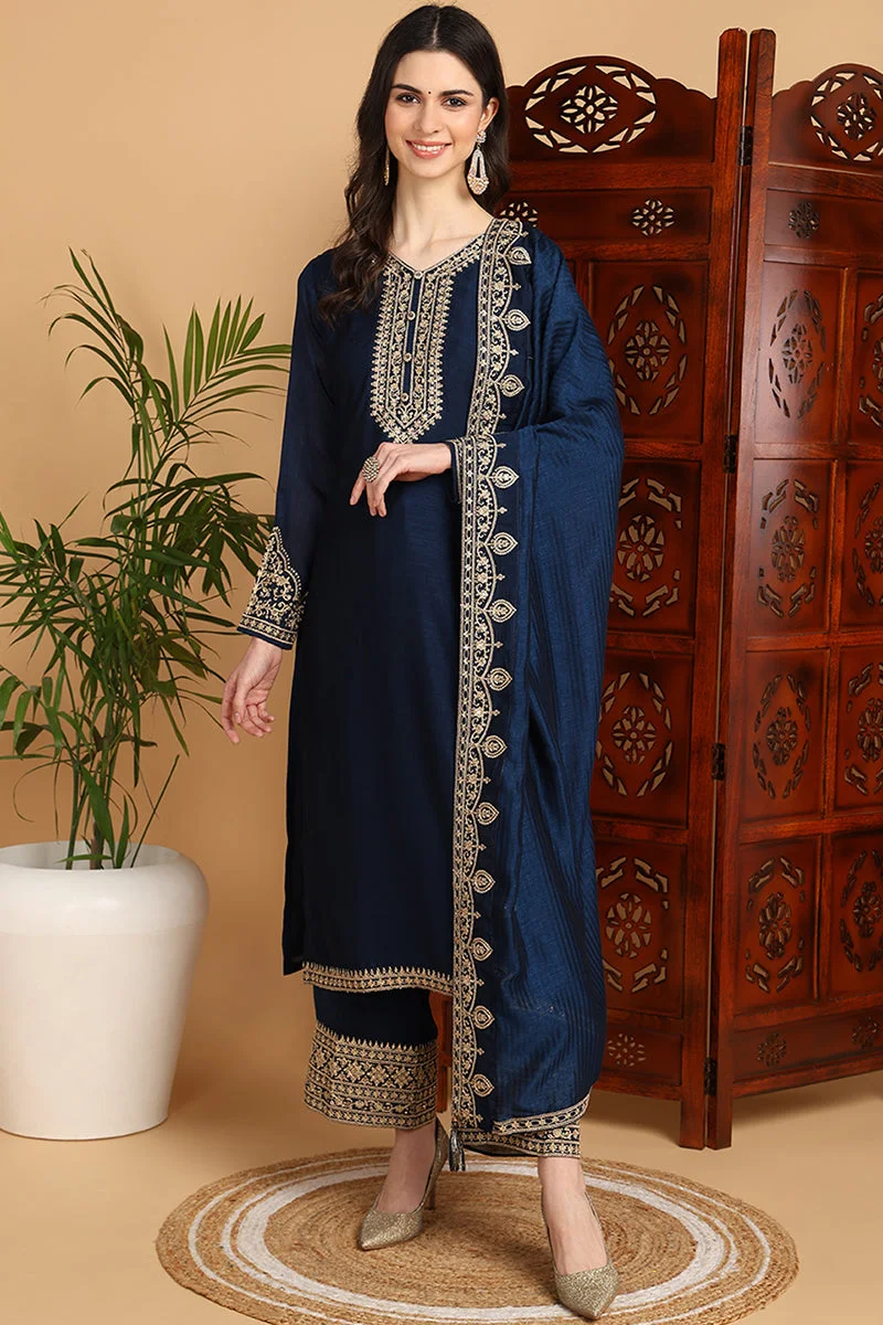 ZERESOUQ Navy Blue Silk Blend Solid Embroidered Straight Kurta Set