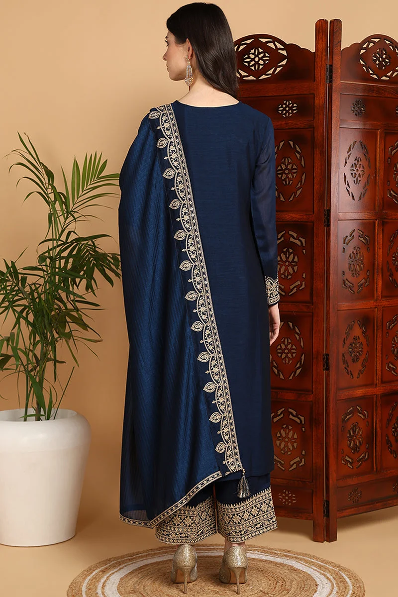 ZERESOUQ Navy Blue Silk Blend Solid Embroidered Straight Kurta Set
