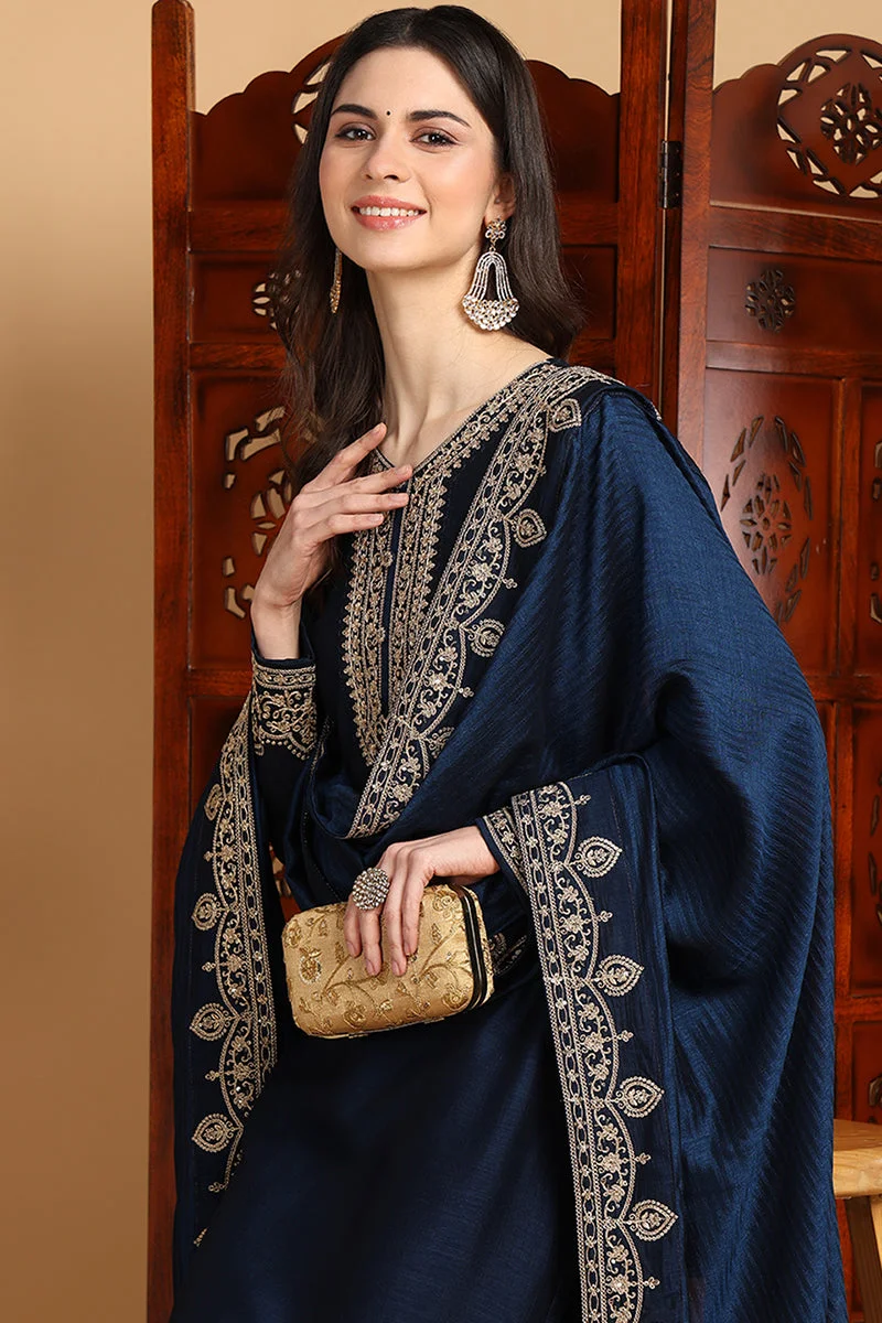 ZERESOUQ Navy Blue Silk Blend Solid Embroidered Straight Kurta Set