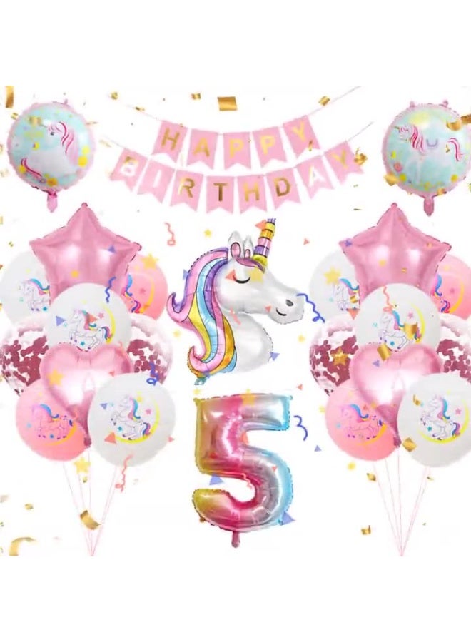 هاي هيلوك زينة حفلة عيد ميلاد يونيكورن 5 للأطفال، مجموعة بالونات عيد الميلاد 5، بالون هيليوم قوس قزح كبير مع لافتة عيد ميلاد سعيد، لوازم حفلة معمودية للطفل مع قلوب ونجوم - Image 1