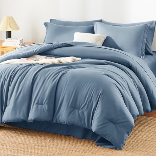 HIMEET Queen Size Comforter Sets - 7 Pieces Bed in a Bag Queen, Luxury Comforter Set with Sheets for All Season, Bed Set with Comforter, Flat Sheet, Fitted Sheet, Pillowcases & Shams, Grayish Blue - Image 1
