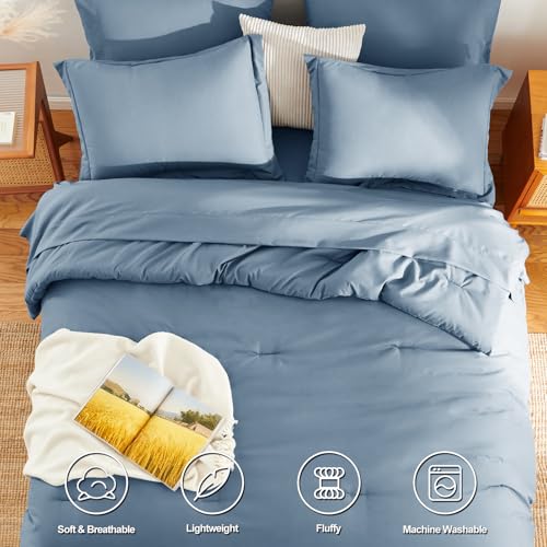 HIMEET Queen Size Comforter Sets - 7 Pieces Bed in a Bag Queen, Luxury Comforter Set with Sheets for All Season, Bed Set with Comforter, Flat Sheet, Fitted Sheet, Pillowcases & Shams, Grayish Blue - Image 2