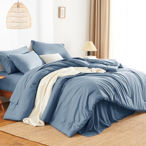 HIMEET Queen Size Comforter Sets - 7 Pieces Bed in a Bag Queen, Luxury Comforter Set with Sheets for All Season, Bed Set with Comforter, Flat Sheet, Fitted Sheet, Pillowcases & Shams, Grayish Blue - Image 3