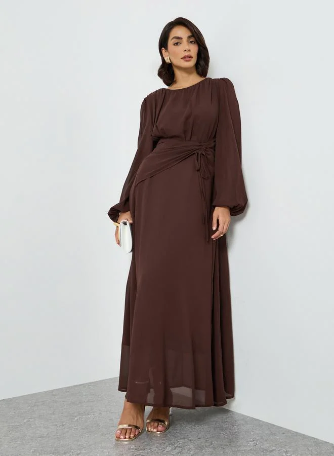 تايك تو Coffee Brown Balloon Sleeve Waist Tie Maxi Dress