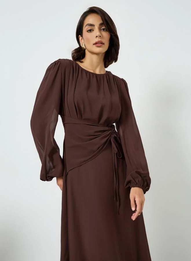 تايك تو Coffee Brown Balloon Sleeve Waist Tie Maxi Dress