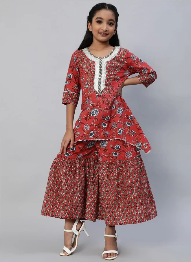 أيه كيه إس Red Ethnic Motifs Printed Jumpsuit for Girls