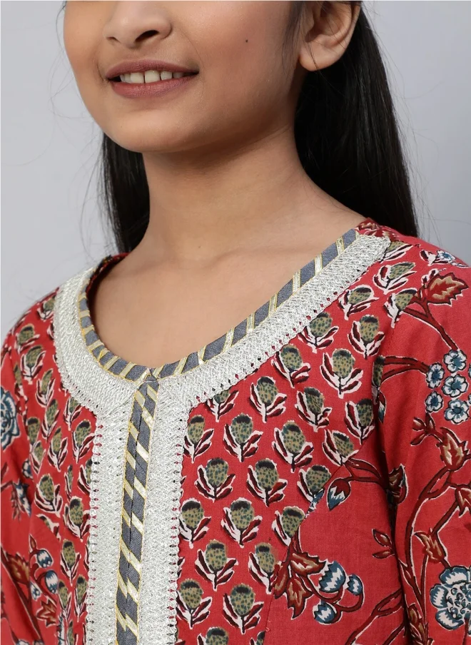 أيه كيه إس Red Ethnic Motifs Printed Jumpsuit for Girls