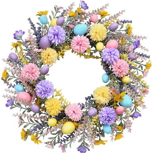 zjlmit Easter Wreath 20 Inch Easter Wreaths for Front Door with Colorful Eggs Yellow Daisy Purple Lavender and Green Leaves Egg Wreath for Porch Window Farmhouse and Party Decoration - Image 1