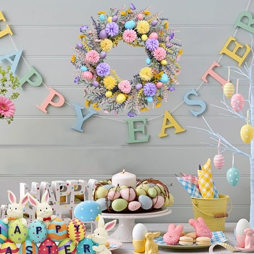 zjlmit Easter Wreath 20 Inch Easter Wreaths for Front Door with Colorful Eggs Yellow Daisy Purple Lavender and Green Leaves Egg Wreath for Porch Window Farmhouse and Party Decoration - Image 5