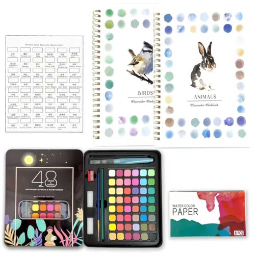 Hukalw 2 Pcs Watercolor Workbooks, Coloring Book Beginner Friendly Painting Kit, 12 Different Patterns of Original DIY Designs, 48 Colors Watercolor Paint Set with Palette and Brush - Image 1