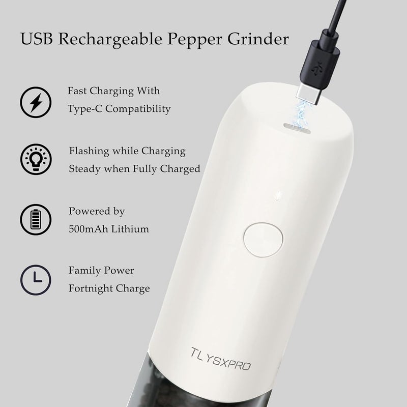 TLYSXPRO Electric Salt and Pepper Grinder Set, USB Rechargeable, Automatic Salt and Pepper Mill Grinder with Adjustable Coarseness, Electric Salt Shakers, LED Light, Refillable (2 Packs, White) - Image 3