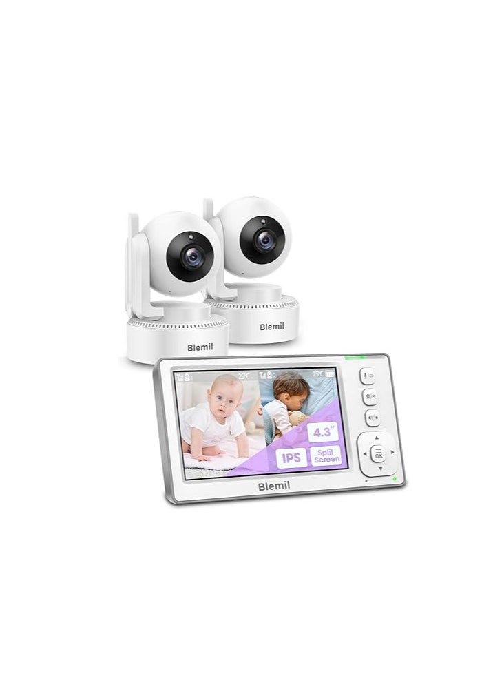 Blemil - Baby Monitor with 2 Cameras and Audio, 4.3'' IPS Split-Screen Monitor with 29-Hour Battery, 1000ft Range Pan-Tilt-Zoom Video Baby Monitor No WiFi, 2X Zoom - Image 1