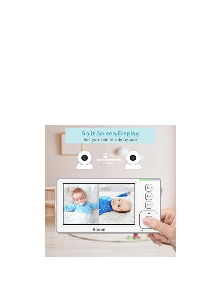 Blemil - Baby Monitor with 2 Cameras and Audio, 4.3'' IPS Split-Screen Monitor with 29-Hour Battery, 1000ft Range Pan-Tilt-Zoom Video Baby Monitor No WiFi, 2X Zoom - Image 1